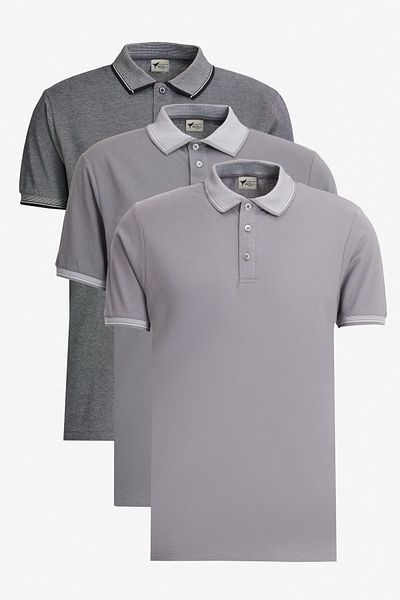 AC&Co / Altınyıldız Classics Ανδρικό ανοιχτό μαύρο-ανοιχτό γκρι-σκούρο γκρι μπλουζάκι 3 τεμαχίων που δεν συρρικνώνεται από βαμβακερή λεπτή εφαρμογή χωρίς κουρτίνα με γιακά