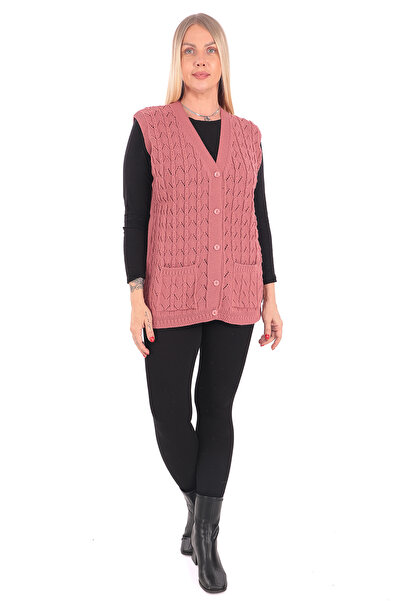 İKSUN Kadın V Yaka Kışlık Kalın Yün Zincir Modelli Triko Düğmeli Cepli Anne Yelek