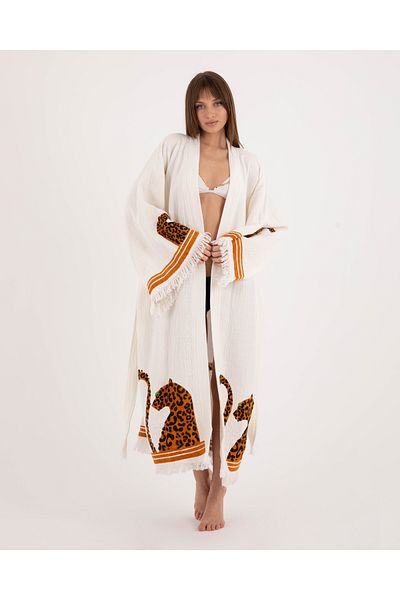 Befera Design Muslin Kimono 100% Cotton Leopard Printed Patterned Bathrobe Kaftan Dressing Gown