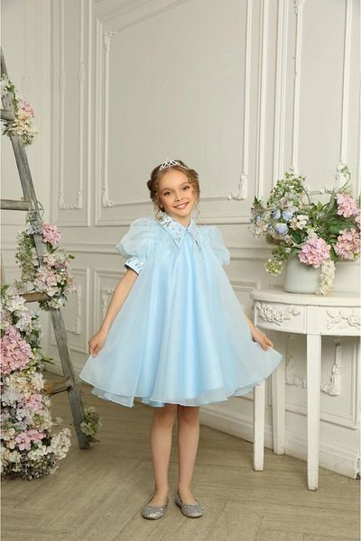 PİXİNADELUXE Stone Detailed Tasseled Short Children's Dress - Sleeve and Collar