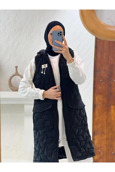 Cardella Long Quilted Puffer Vest - Chain Detail and Hoodie