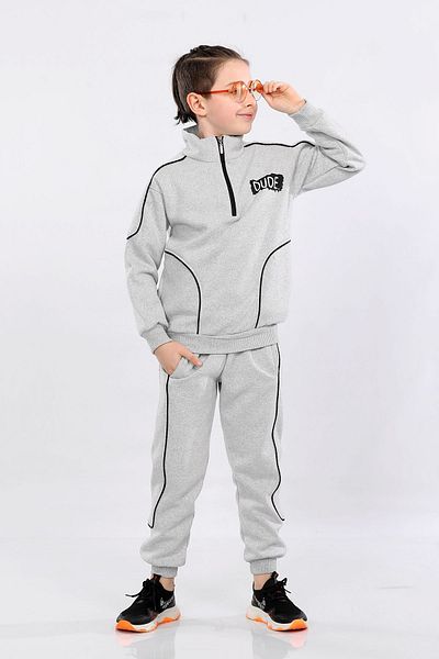 MORNIO Boy's Gray Winter Tracksuit Set - Three Strings Hooded Mrn51205