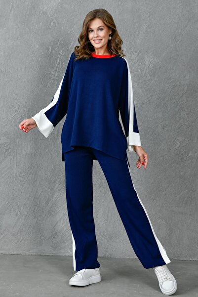 bayansepeti Navy Blue Striped Stretchy Knitwear - Oversize Sweater and Pants Set 1030