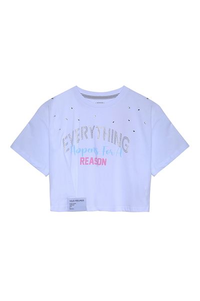 Quzu White Crop T-Shirt - Shiny Text Detail