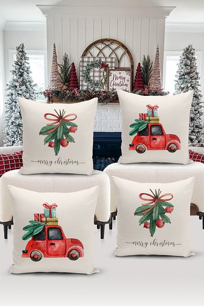 Bertille Home New Year Series - Double Sided Digital Printed 4-Piece Throw Pillow Cover Set (Christmas Christmas Cushion Cover)