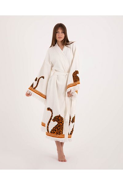 Befera Design Muslin Kimono 100% Cotton Leopard Printed Patterned Bathrobe Kaftan Dressing Gown