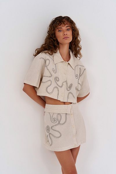 Quzu Cămașă Crop din in natural - Accesoriu cu mărgele