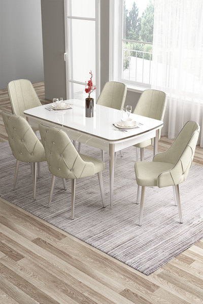 Canisa Tia Serisi 80x132 Açılabilir Mdf Mutfak Masası Takımı Beyaz Masa Krom Detay 6 Krem Sandalye