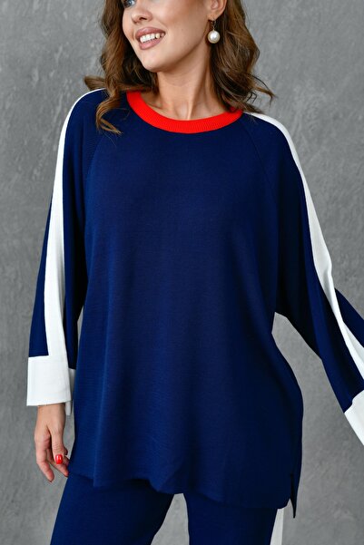 bayansepeti Navy Blue Striped Stretchy Knitwear - Oversize Sweater and Pants Set 1030