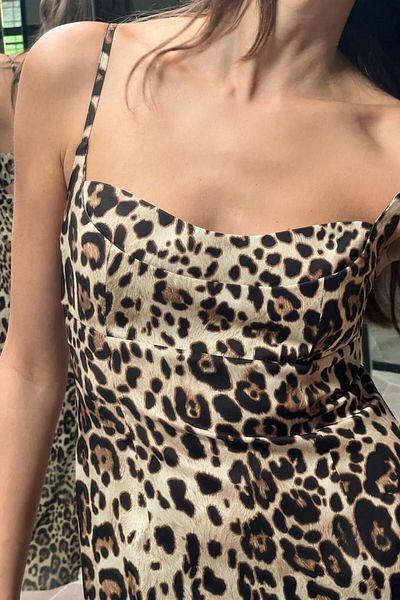 Çnru Zebra (Leopard) Pattern, Midi-Length Dress with Back Ties, Straps