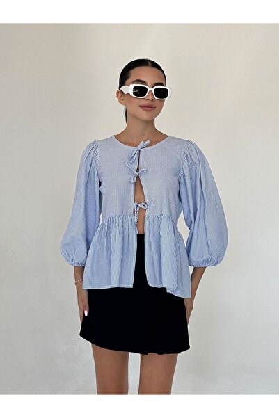 King Brothers Μπλούζα Φιόγκος Μπαλόνι Μανίκι Ριγέ Ποπλίνα Γυναικεία Μπλούζα