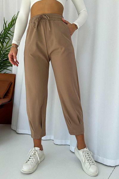Mine Tan Butik Eyelet Patterned Crepe Women's Trousers - Leg Collar, Brown