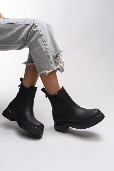 Riccon Kadın Lastikli Chealsea Bot Dokulu Siyah Cilt