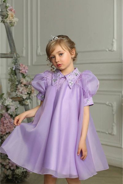 PİXİNADELUXE Stone Detailed Tasseled Short Children's Dress - Sleeve and Collar