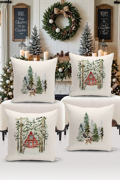Bertille Home New Year Series - Double Sided Digital Printed 4-Piece Throw Pillow Cover Set (Christmas Christmas Cushion Cover)