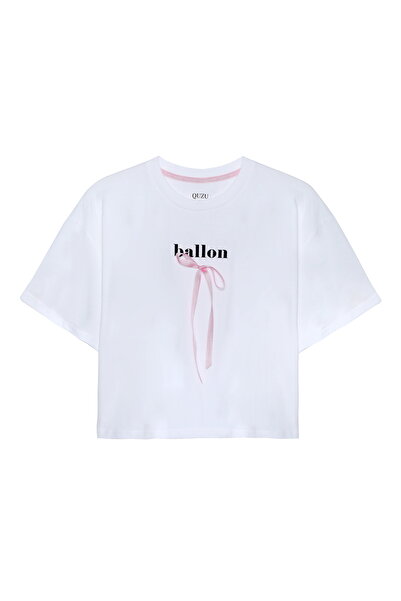 Quzu Μπλουζάκι εκρού με φιόγκο - Τυπωμένο κείμενο