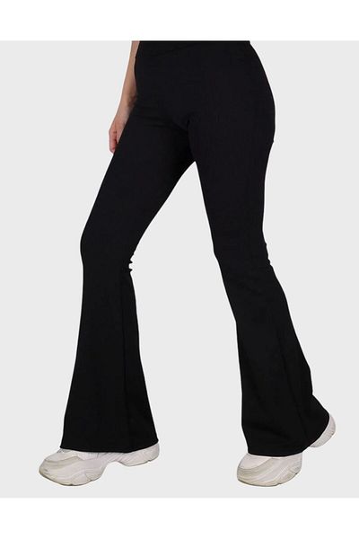 tusem butik homewear Pantaloni evazați cu talie înaltă, negri, cu nervuri, pentru damă
