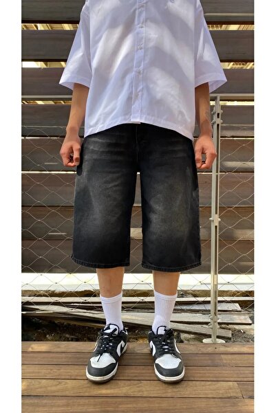Violon Yıkamalı Antrasit Jean Baggy Şort Bermuda