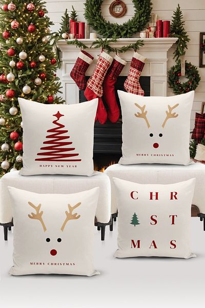 Bertille Home New Year Series - Double Sided Digital Printed 4-Piece Throw Pillow Cover Set (Christmas Christmas Cushion Cover)
