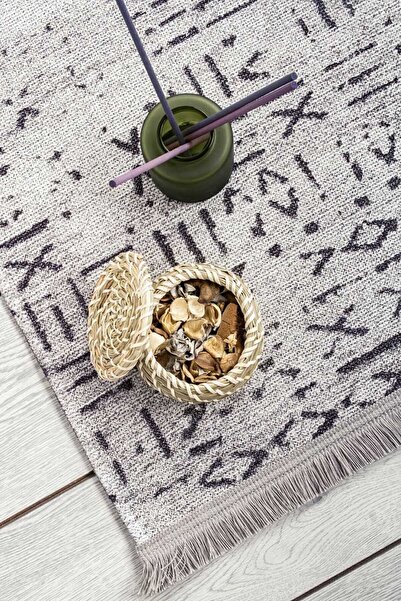 Oriente Home Iskandinav Desenli Yolluk Gri Yıkanabilir Şönil Halı Saçaklı Kaymaz Taban Koridor Halısı 7760