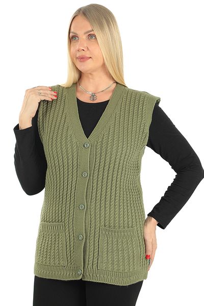İKSUN V-Neck Winter Mother Vest - Thick Wool, Hair Knit Detail, Knitwear Pocket