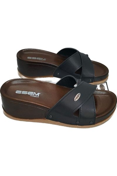 Esem Women's Black Cross Model Wedge Heel Slippers
