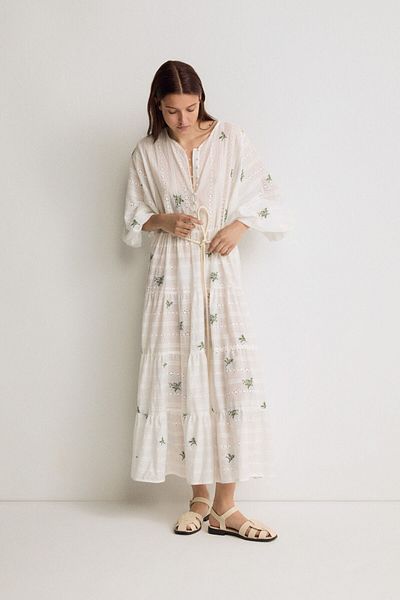 Pilea Orange Embroidered - Portable Lined Wide Cut Cotton Embroidery Dress