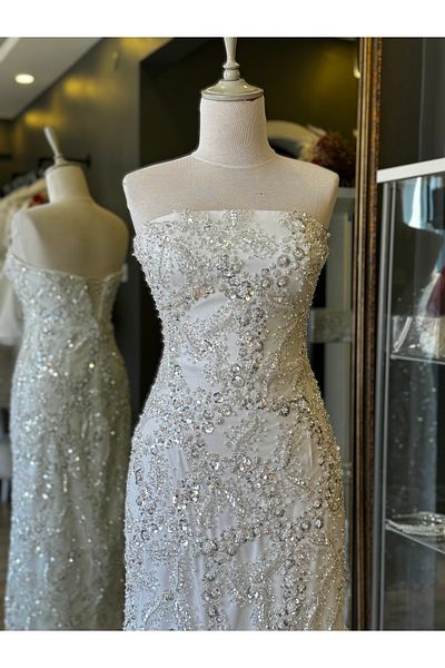 Lenta Wedding Midi Length White Lace Pencil Evening Dress - for Engagement and Home Exit