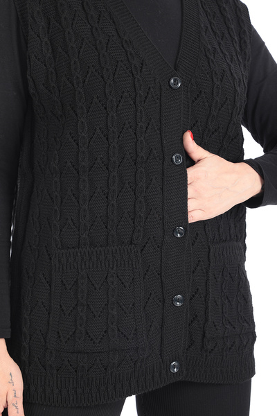 İKSUN Kadın V Yaka Kışlık Kalın Yün Zincir Modelli Triko Düğmeli Cepli Anne Yelek