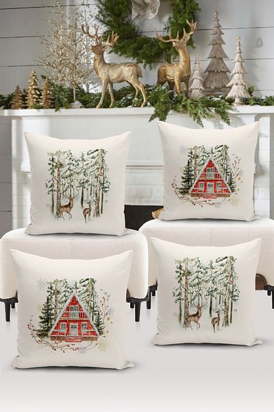 Bertille Home New Year Series - Double Sided Digital Printed 4-Piece Throw Pillow Cover Set (Christmas Christmas Cushion Cover)