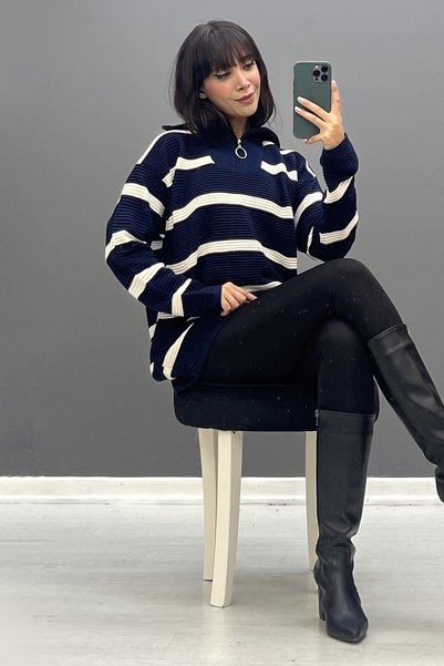 SaklıButik Fermuar Yaka Çizgili Triko Kazak SK-8319