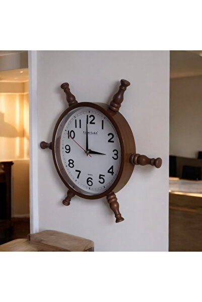 Bahat Nostaljik Eskitme Ahşap Gemici Dümen Duvar Saati Çap 35 cm