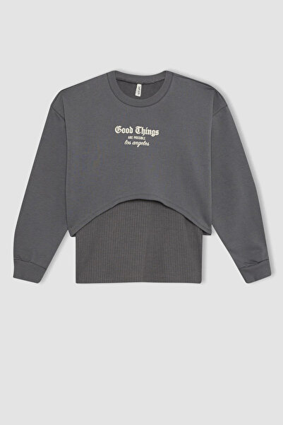 DeFacto Kız Çocuk 2'li Takım Baskılı Crop Bisiklet Yaka Sweatshirt Askılı Atlet B2517a823wn