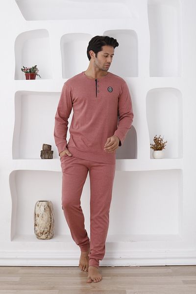 ERDENİZ TEKSTİL Men's Pajama Set - Button Collar, Cotton, Long Sleeve, Pocket, Elastic Sleeves and Feet (Autumn-Winter)