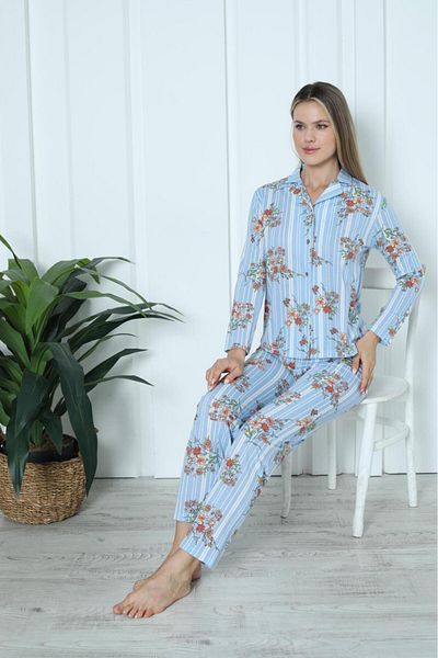 ERDENİZ TEKSTİL Set de pijamale pentru femei, cu mâneci lungi, cu model din bumbac, cu guler de cămașă