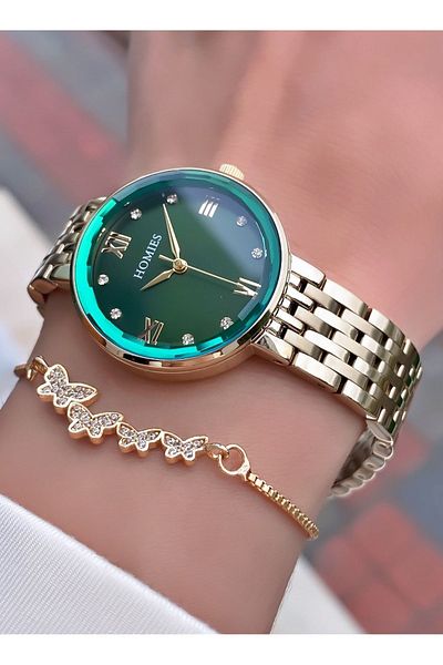 Homies Brand Gold Color Waterproof Women's Wristwatch - With Bracelet Gift