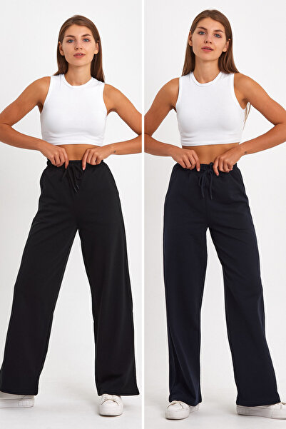 mmetalic Siyah-Lacivert Kadın Mevsimlik Salaş Geniş Rahat Paça Yan Cepli 2'Li...