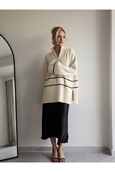 WISH&MOON Kadın Beyaz Fermuarlı Tunik Kazak