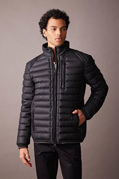 DeFacto Faux Leather Slim Fit Puffer Coat - Stand Collar with Zipper Pockets A4016Ax23Wn