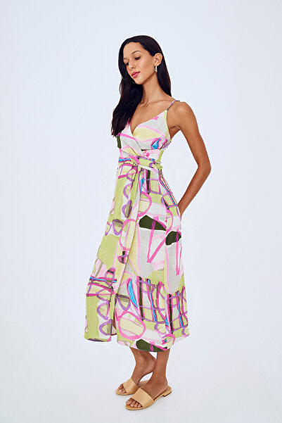 Quzu Πράσινο λινό φόρεμα - Σχέδιο περιτυλίγματος με σχέδια