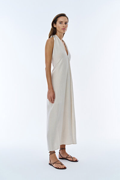 Quzu Boyundan Bağlamalı Yırtmaçlı Keten Elbise Naturel