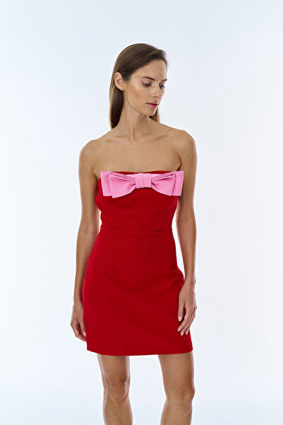 Quzu Fiyonk Detaylı Straplez Mini Elbise Kırmızı