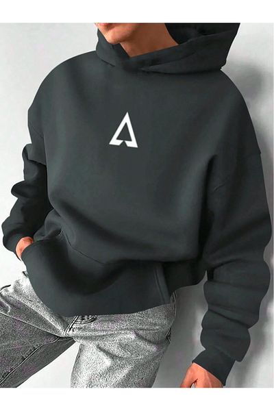 Black Sokak Anthracite Color Oversize Hooded Men's Sweatshirt - Triangle Printed