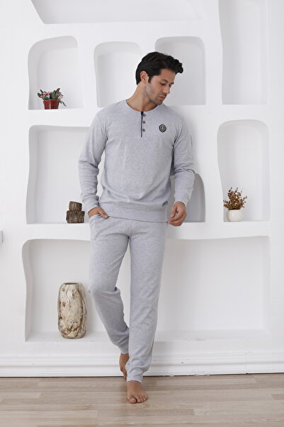 ERDENİZ TEKSTİL Men's Pajama Set - Button Collar, Cotton, Long Sleeve, Pocket, Elastic Sleeves and Feet (Autumn-Winter)