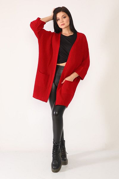 Devinka Red Oversize Knitwear Cardigan - Long Pocket