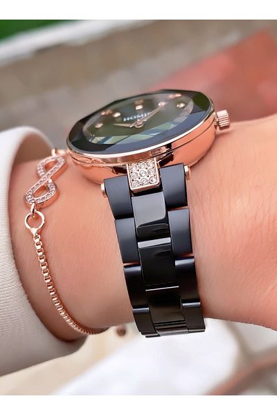 Homies Brand Rose Black Color Waterproof Women's Wristwatch - With Bracelet Gift
