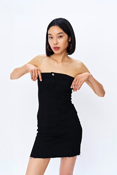 Quzu Στράπλες Μαύρο Τζιν Μίνι Φόρεμα - Λεπτομέρεια με κουμπιά