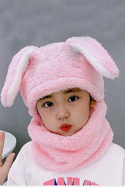 Nurnivus Rabbit Kids Plush Beanie Scarf Thermal Hooded Neck Collar Windproof Hat with Ears