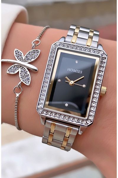 Homies Yellow Silver Colored Waterproof Women's Wristwatch and Bracelet Gift