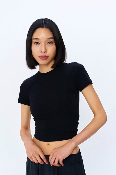 Quzu Black Basic Crop Short Sleeve T-Shirt